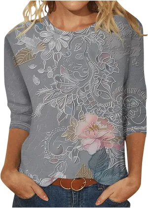Women's Casual 3/4 Sleeve T-Shirts Round Neck Cute Tunic Tops Basic Tees Blouses Loose Fit Pullover Summer