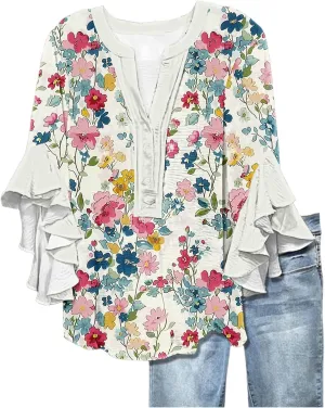 Women's Casual Boho Floral Print Tops Loose V Neck 3/4 Wave Bell Sleeve Flowy Shirts Summer Blouses for Women