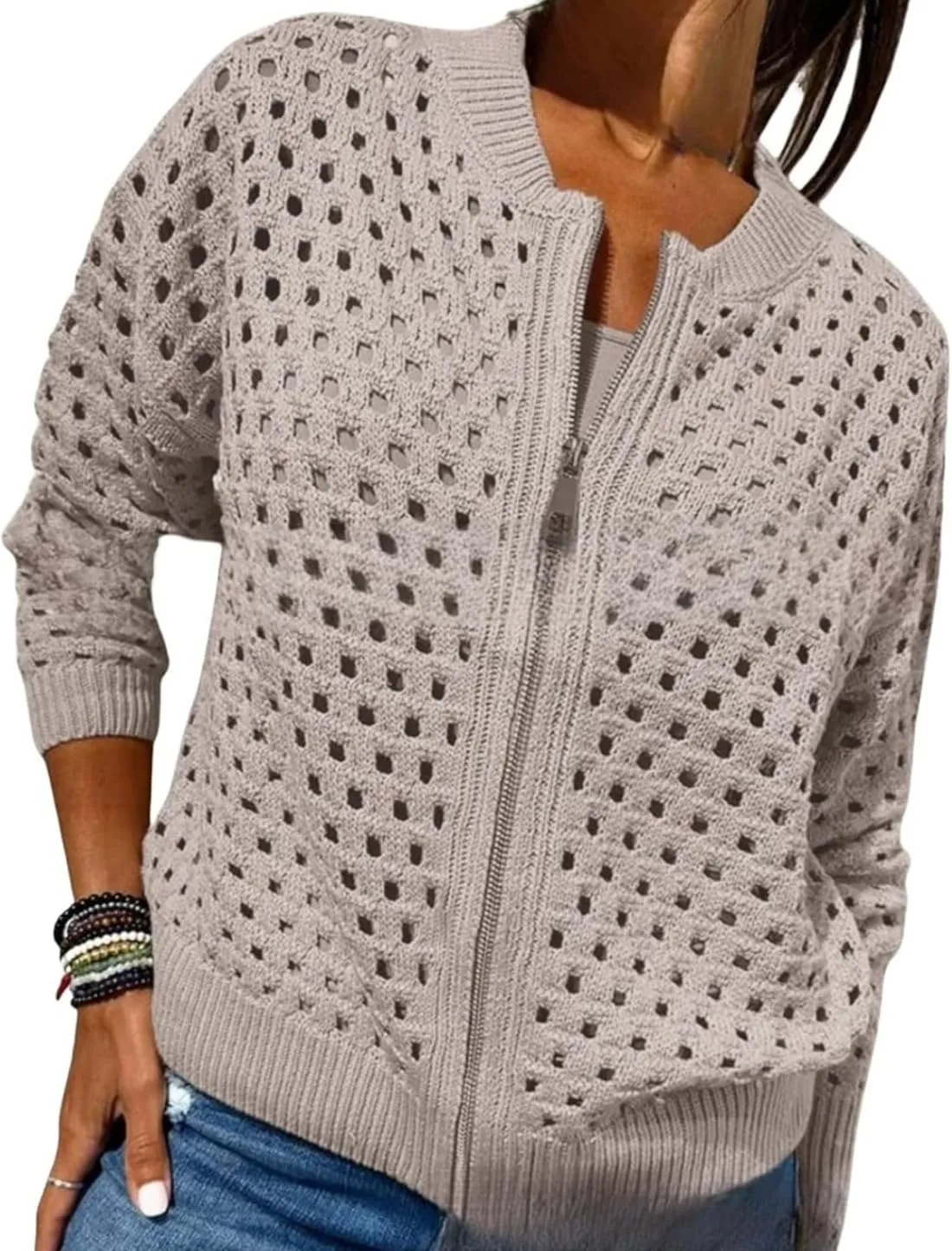 Women's Casual Hollow Knitwear Zipper Jacket, Crochet Fishnet Knit Shawl Sweater Jacket Lightweight Cardigan Sweater