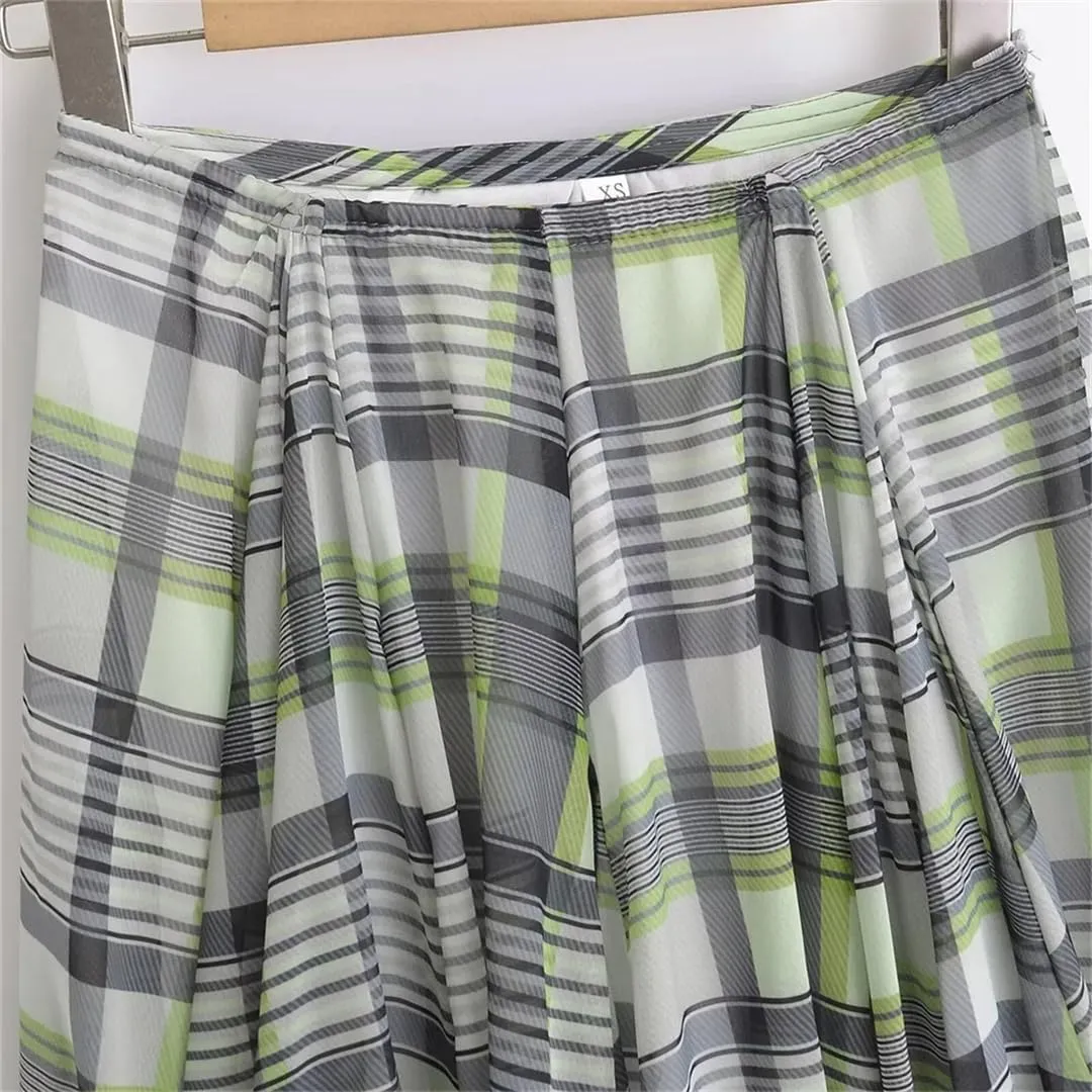 Womens Casual Plaid Pleated Midi Skirt Elastic Waist Vintage Flowy A-Line Skirt