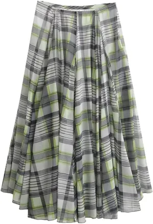 Womens Casual Plaid Pleated Midi Skirt Elastic Waist Vintage Flowy A-Line Skirt