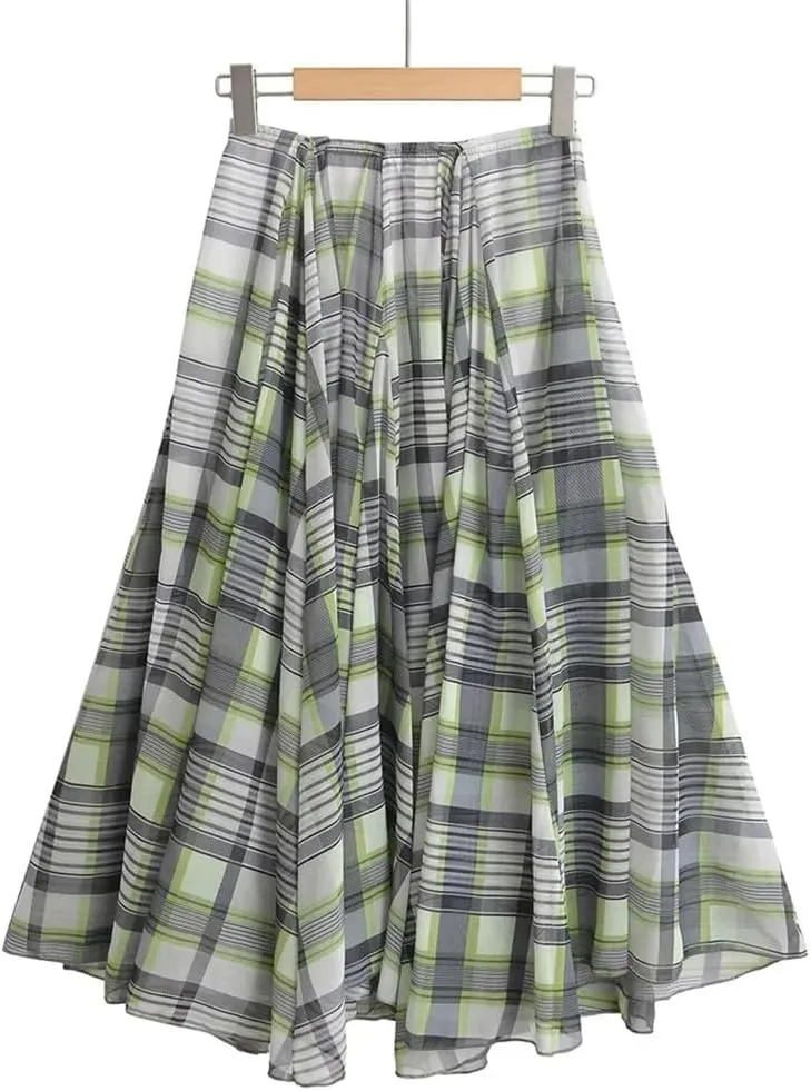 Womens Casual Plaid Pleated Midi Skirt Elastic Waist Vintage Flowy A-Line Skirt
