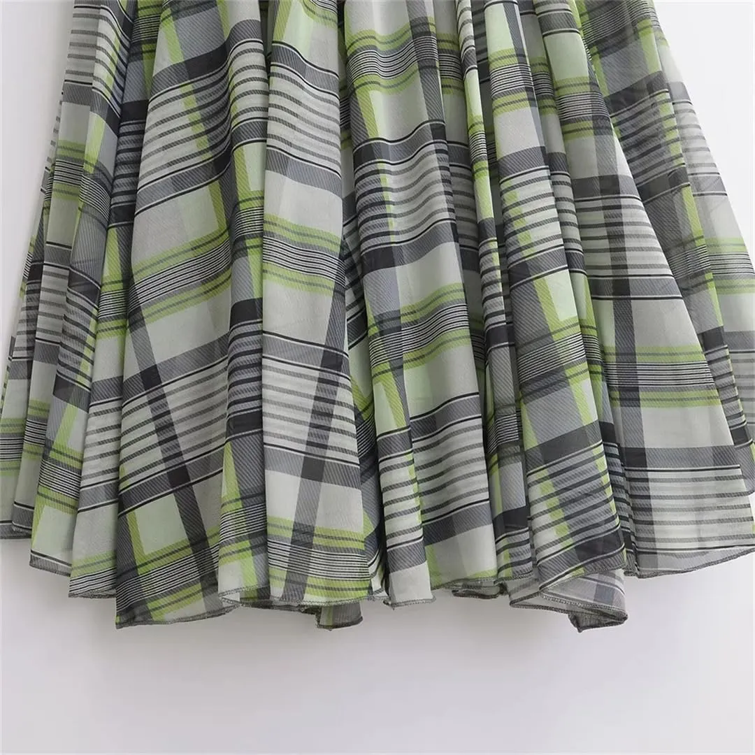 Womens Casual Plaid Pleated Midi Skirt Elastic Waist Vintage Flowy A-Line Skirt