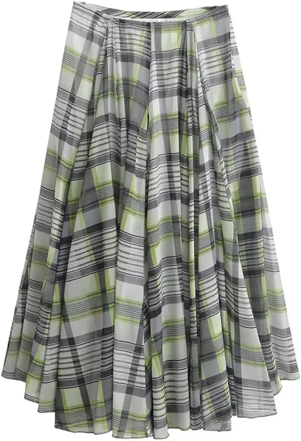 Womens Casual Plaid Pleated Midi Skirt Elastic Waist Vintage Flowy A-Line Skirt