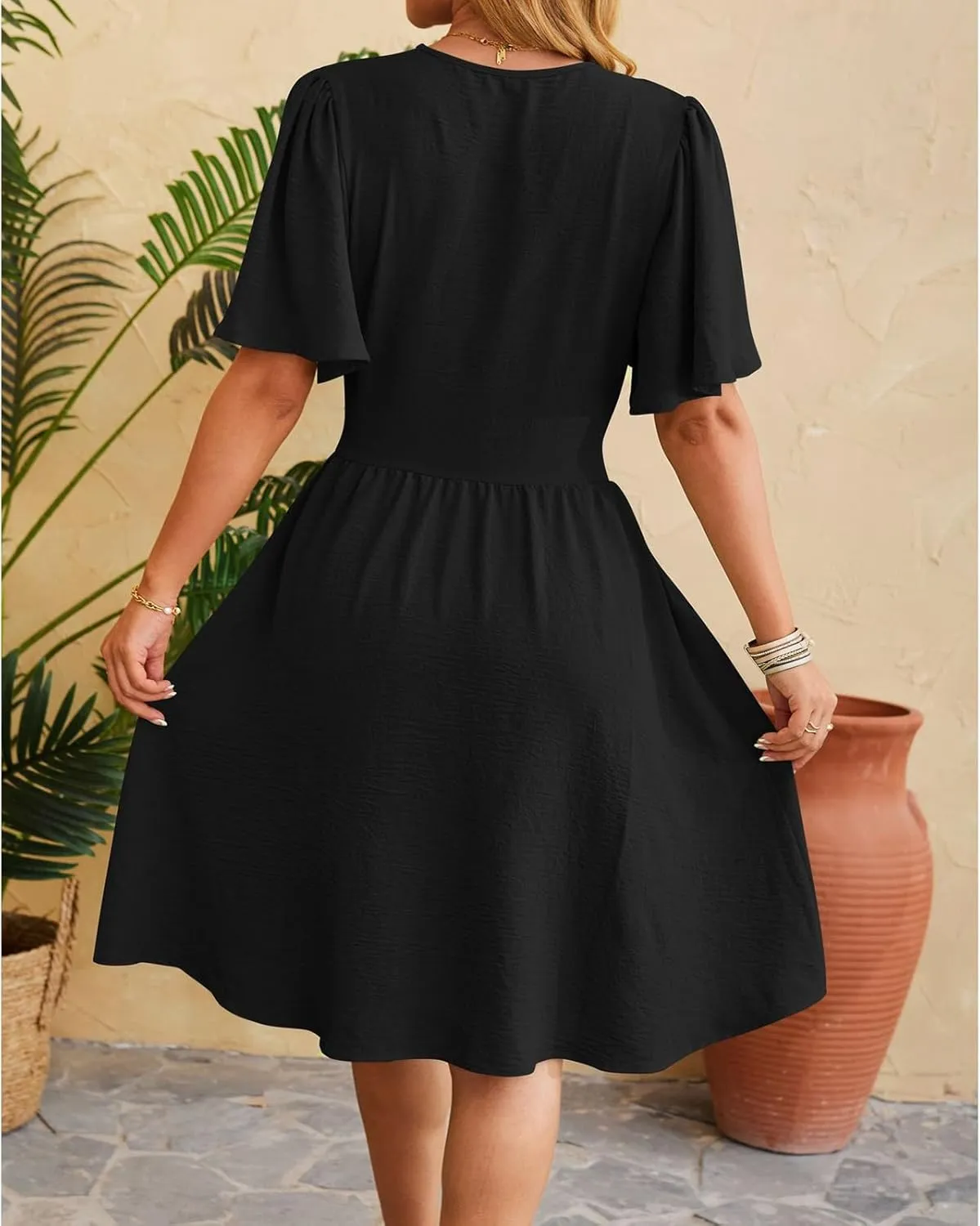 Womens Casual Short Sleeve Dress Dressy V Neck Ruched Wrap Midi Dresses Summer Elegant Trendy Travel Beach Sundress