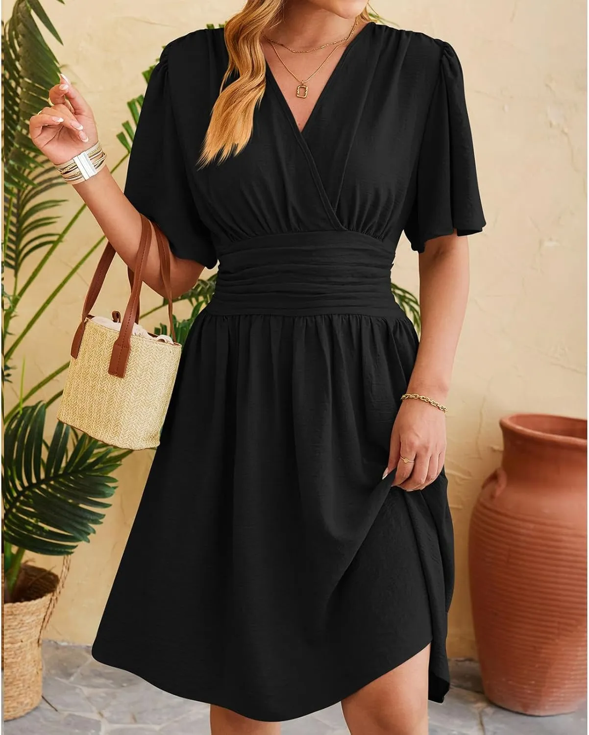 Womens Casual Short Sleeve Dress Dressy V Neck Ruched Wrap Midi Dresses Summer Elegant Trendy Travel Beach Sundress