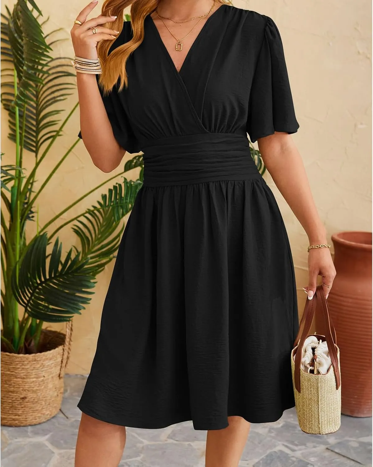 Womens Casual Short Sleeve Dress Dressy V Neck Ruched Wrap Midi Dresses Summer Elegant Trendy Travel Beach Sundress
