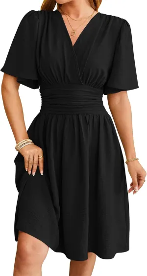 Womens Casual Short Sleeve Dress Dressy V Neck Ruched Wrap Midi Dresses Summer Elegant Trendy Travel Beach Sundress