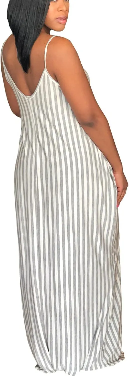 Women's Casual Stripe Long Maxi Dresses with Pockets Spaghetti Strap Sleeveless Loose Beach Sundress