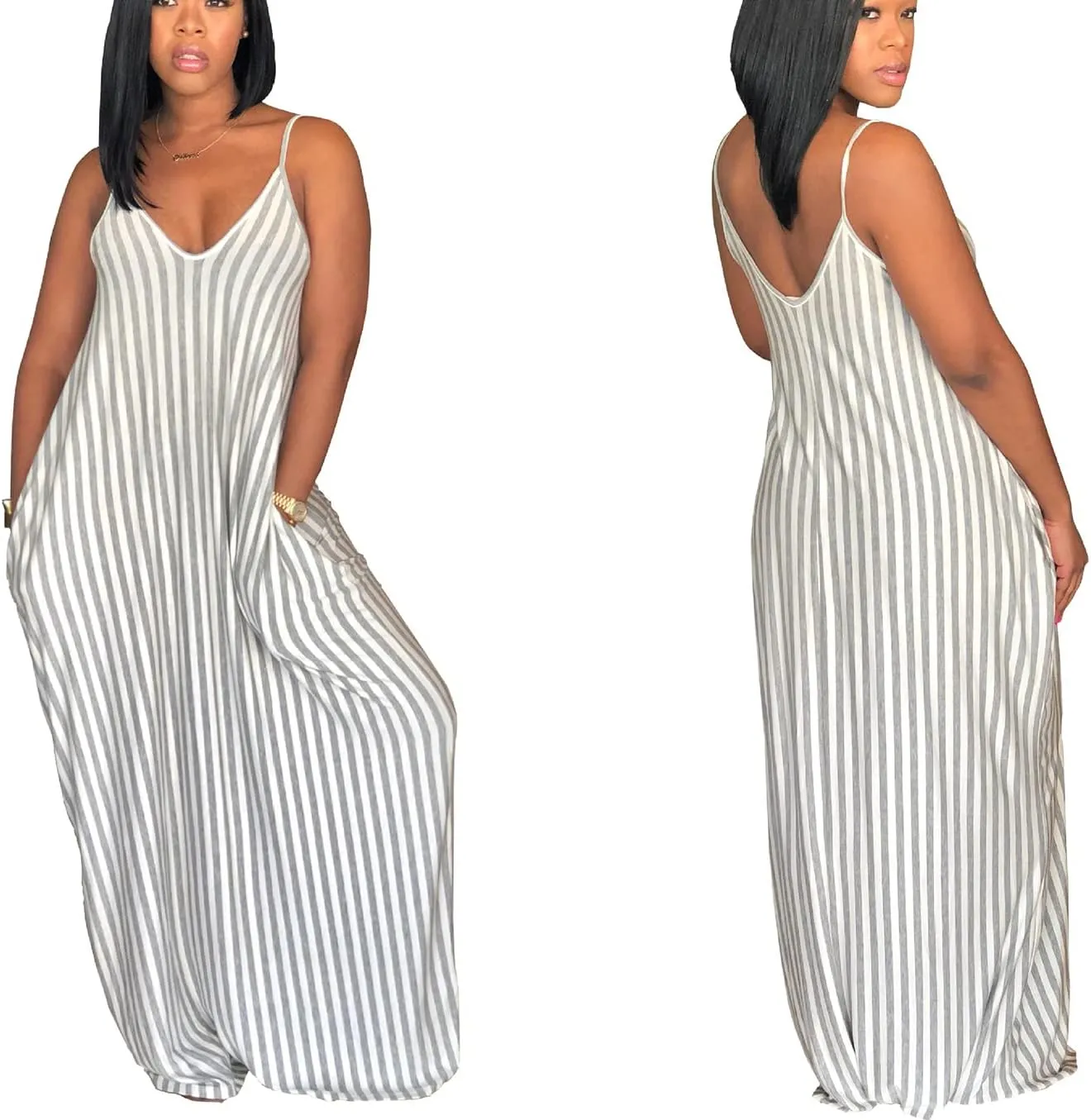 Women's Casual Stripe Long Maxi Dresses with Pockets Spaghetti Strap Sleeveless Loose Beach Sundress