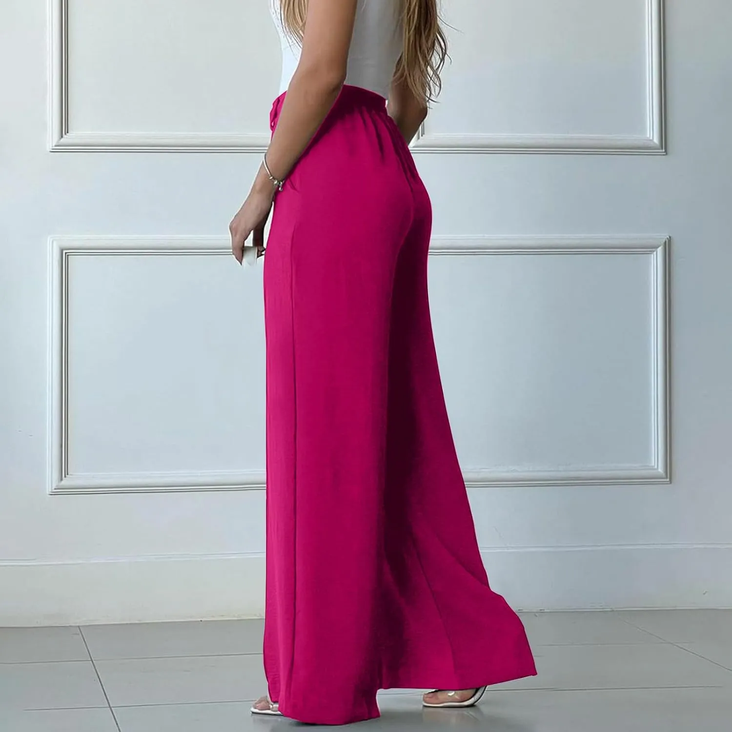 Womens Causal Loose Lounge Pants Elastic High Waisted Flowy Trousers Wide Leg Long Palazzo Pants with Pockets
