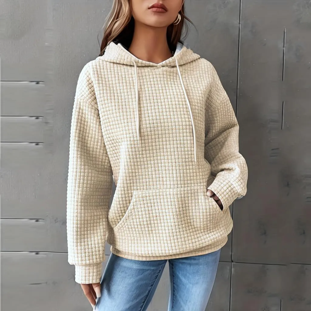 Womens Comfort Hoodies for Anxiety Casual Long Sleeve Drawstring Waffle Pullover Loose Hooded Sweatshirt with Pocket
