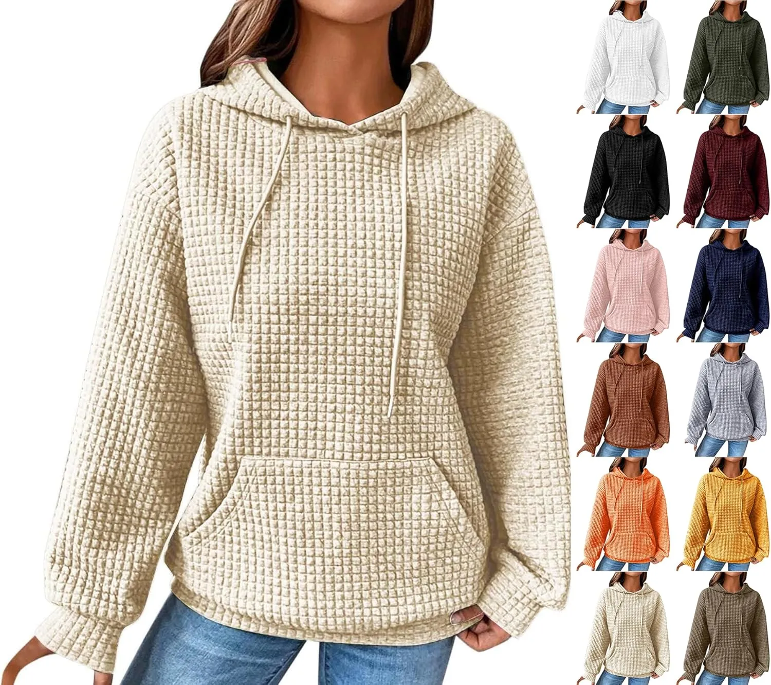 Womens Comfort Hoodies for Anxiety Casual Long Sleeve Drawstring Waffle Pullover Loose Hooded Sweatshirt with Pocket