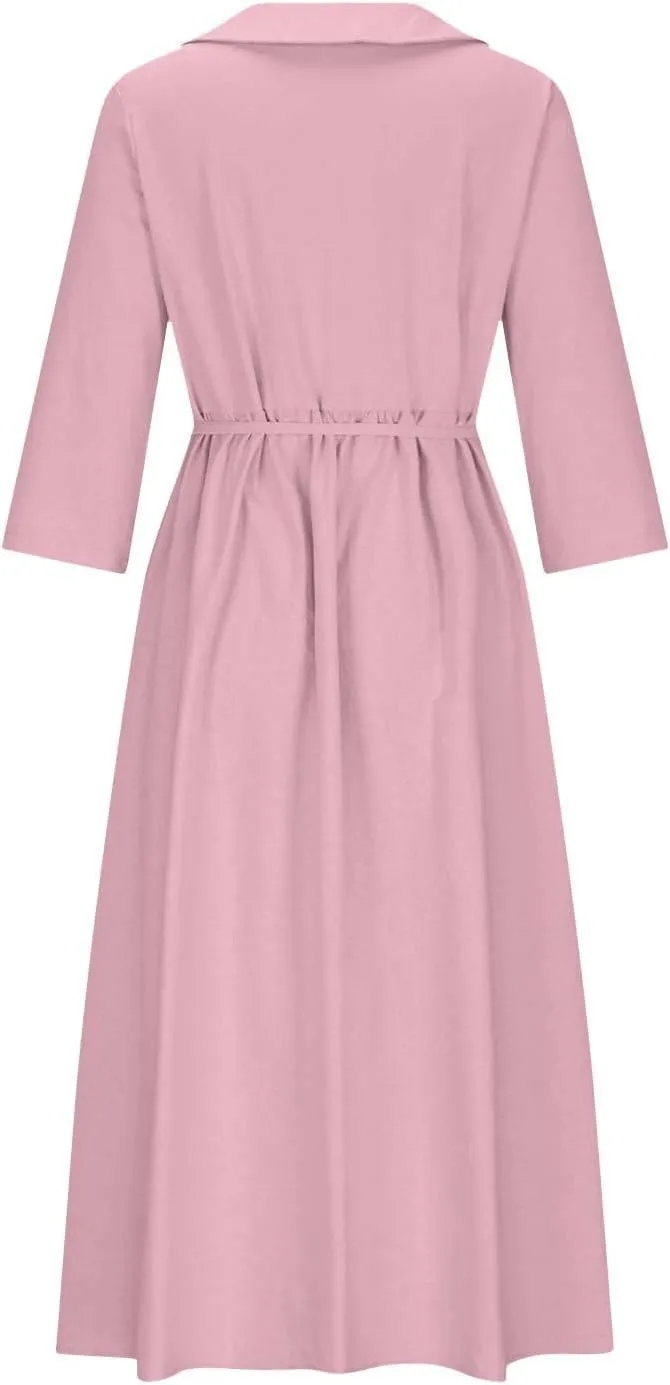Women's Cotton Linen Button Down Shirt Dress Fashion Drawstring 3/4 Sleeve Pleated Dresses Casual Seaside Outfit 2025