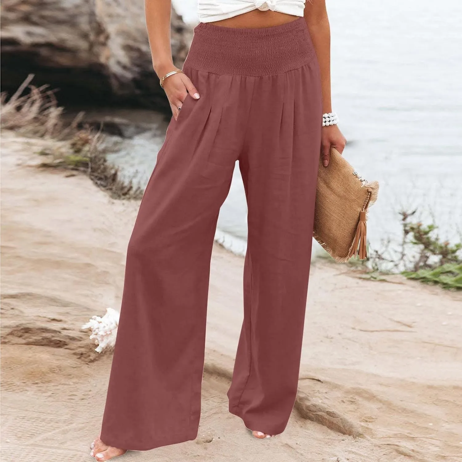 Womens Cotton Linen Palazzo Pants Loose Elastic High Waist Trousers Wide Leg Beach Pant Solid Vacation Casual Outfits