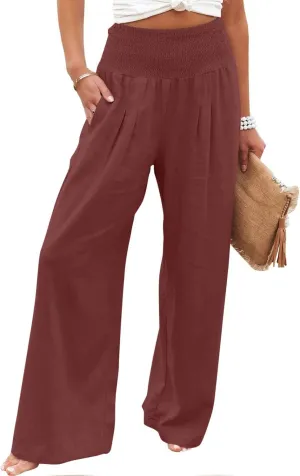 Womens Cotton Linen Palazzo Pants Loose Elastic High Waist Trousers Wide Leg Beach Pant Solid Vacation Casual Outfits