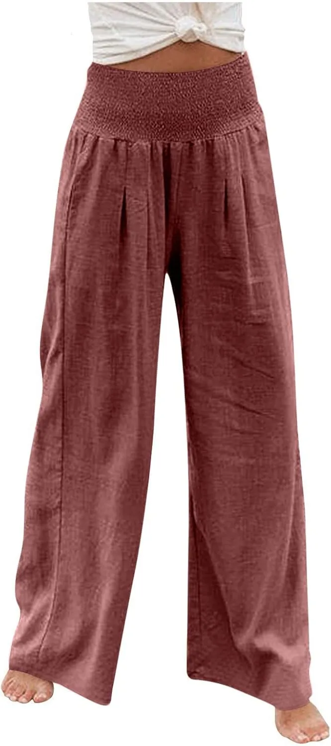 Womens Cotton Linen Palazzo Pants Loose Elastic High Waist Trousers Wide Leg Beach Pant Solid Vacation Casual Outfits