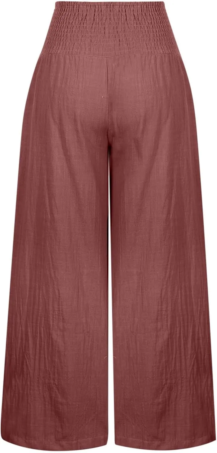 Womens Cotton Linen Palazzo Pants Loose Elastic High Waist Trousers Wide Leg Beach Pant Solid Vacation Casual Outfits