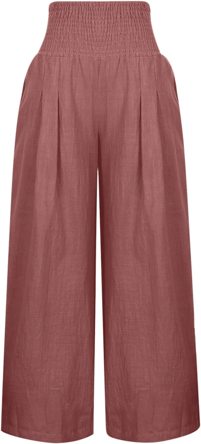 Womens Cotton Linen Palazzo Pants Loose Elastic High Waist Trousers Wide Leg Beach Pant Solid Vacation Casual Outfits