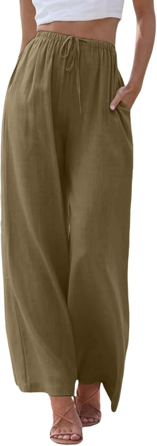 Womens Cotton Linen Pants 2025 Summer Loose Fit Drawstring High Elastic Waist Wide Leg Lightweight Trousers with Pockets
