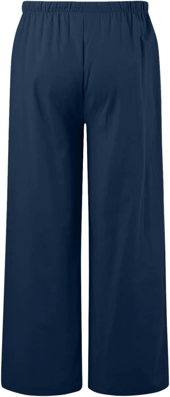 Womens Cotton Linen Pants 2025 Summer Loose Fit Drawstring High Elastic Waist Wide Leg Lightweight Trousers with Pockets