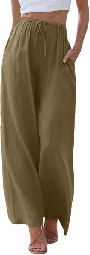 Womens Cotton Linen Pants 2025 Summer Loose Fit Drawstring High Elastic Waist Wide Leg Lightweight Trousers with Pockets