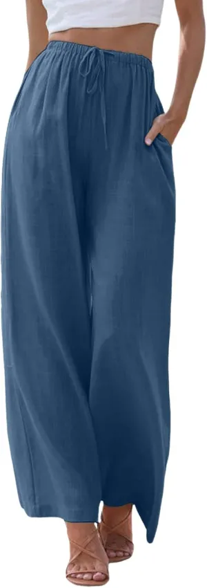 Womens Cotton Linen Pants 2025 Summer Loose Fit Drawstring High Elastic Waist Wide Leg Lightweight Trousers with Pockets