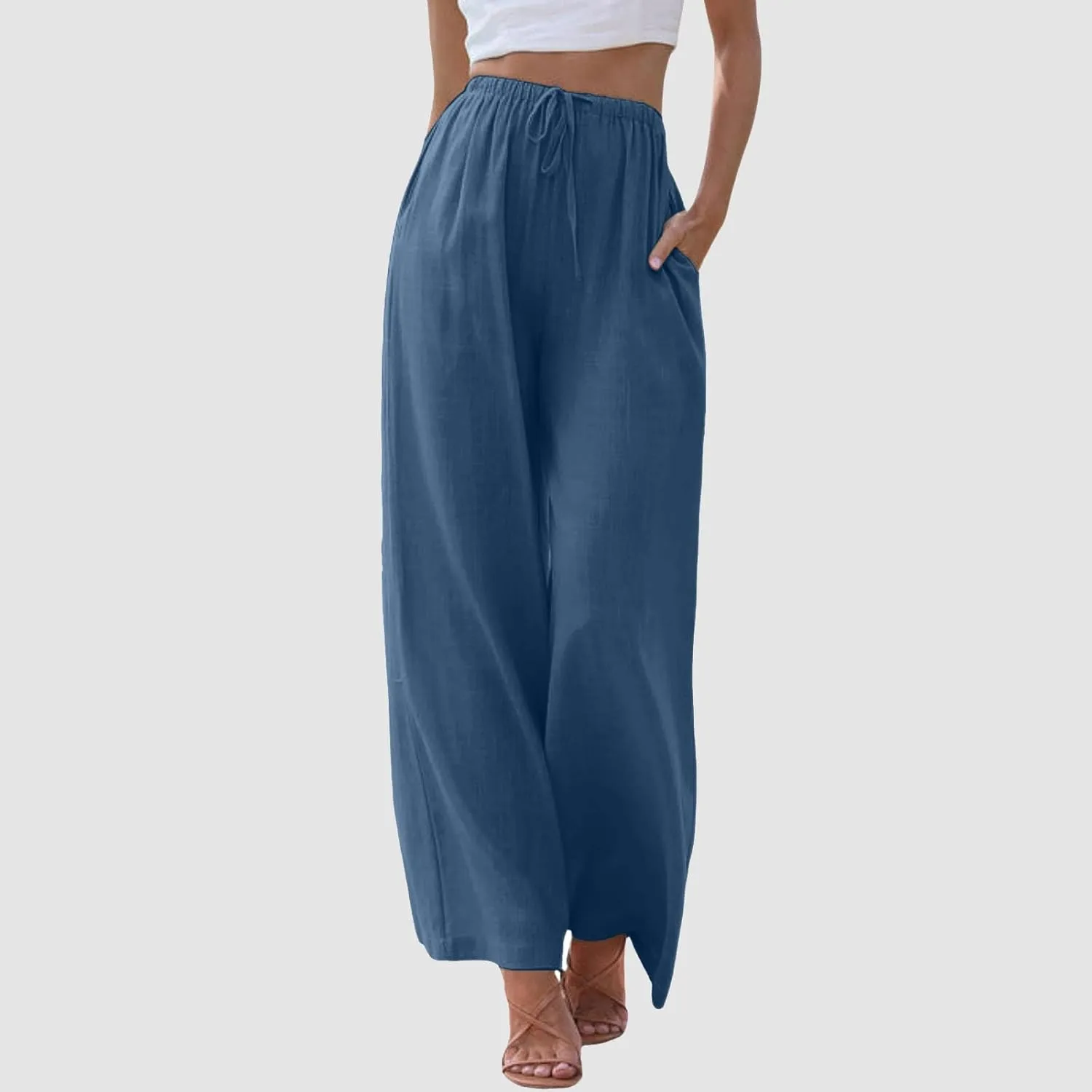 Womens Cotton Linen Pants 2025 Summer Loose Fit Drawstring High Elastic Waist Wide Leg Lightweight Trousers with Pockets