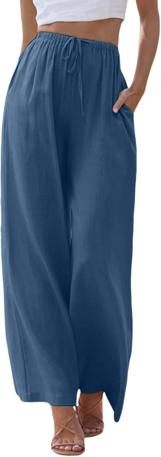Womens Cotton Linen Pants 2025 Summer Loose Fit Drawstring High Elastic Waist Wide Leg Lightweight Trousers with Pockets
