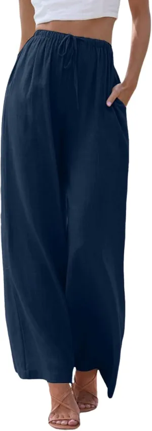 Womens Cotton Linen Pants 2025 Summer Loose Fit Drawstring High Elastic Waist Wide Leg Lightweight Trousers with Pockets