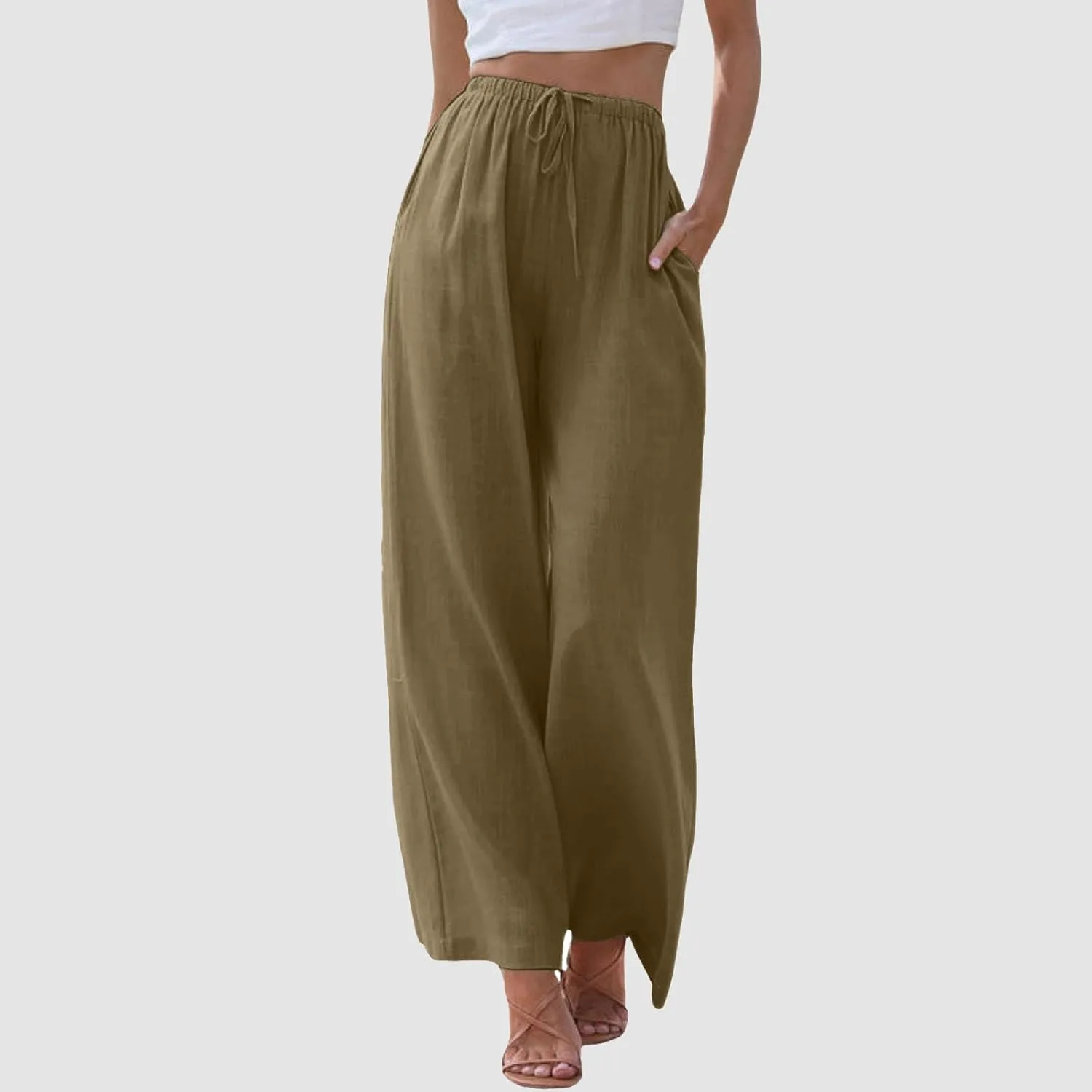 Womens Cotton Linen Pants 2025 Summer Loose Fit Drawstring High Elastic Waist Wide Leg Lightweight Trousers with Pockets