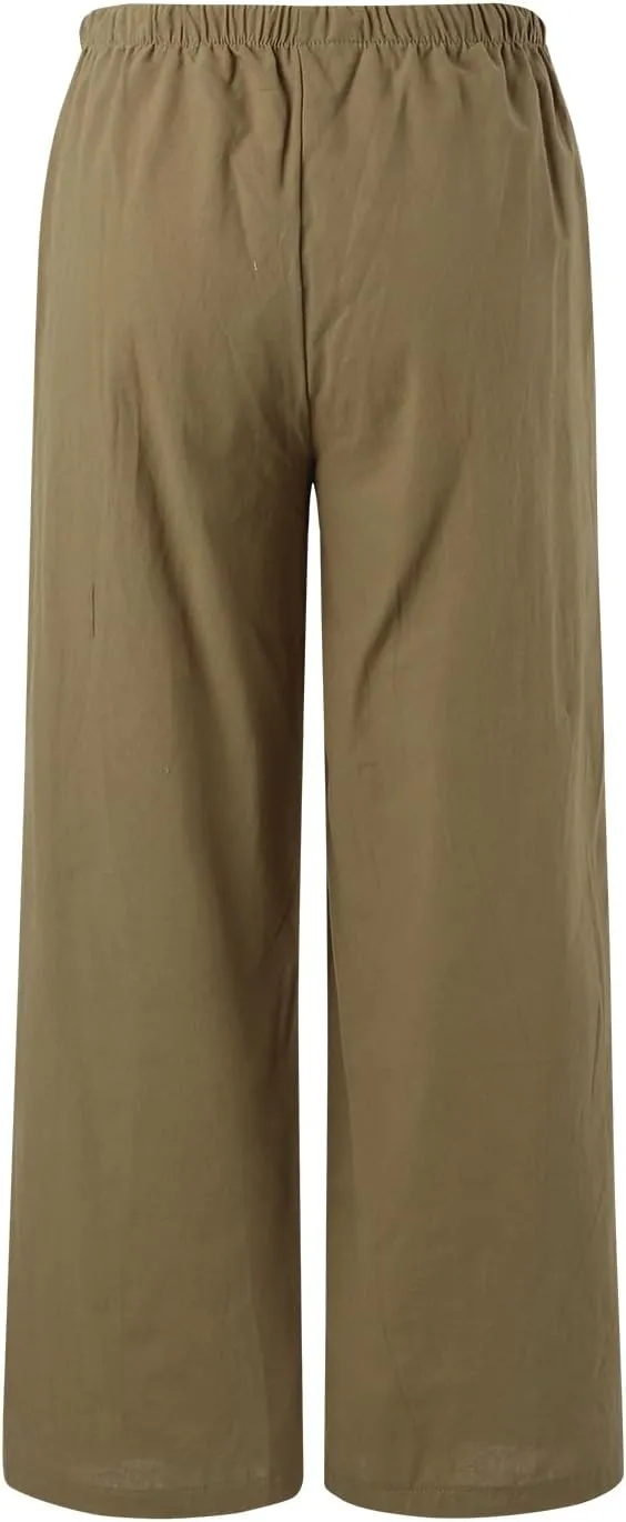 Womens Cotton Linen Pants 2025 Summer Loose Fit Drawstring High Elastic Waist Wide Leg Lightweight Trousers with Pockets