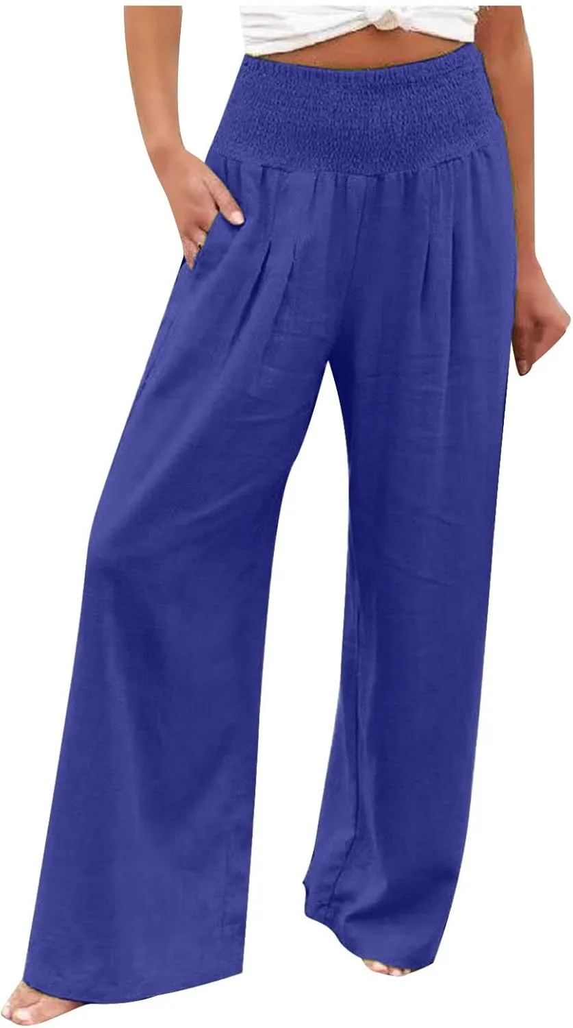 Women's Cotton Linen Pants Elastic High Waisted Pants Casual Wide Leg Trousers Summer Work Smocked Pants with Pockets