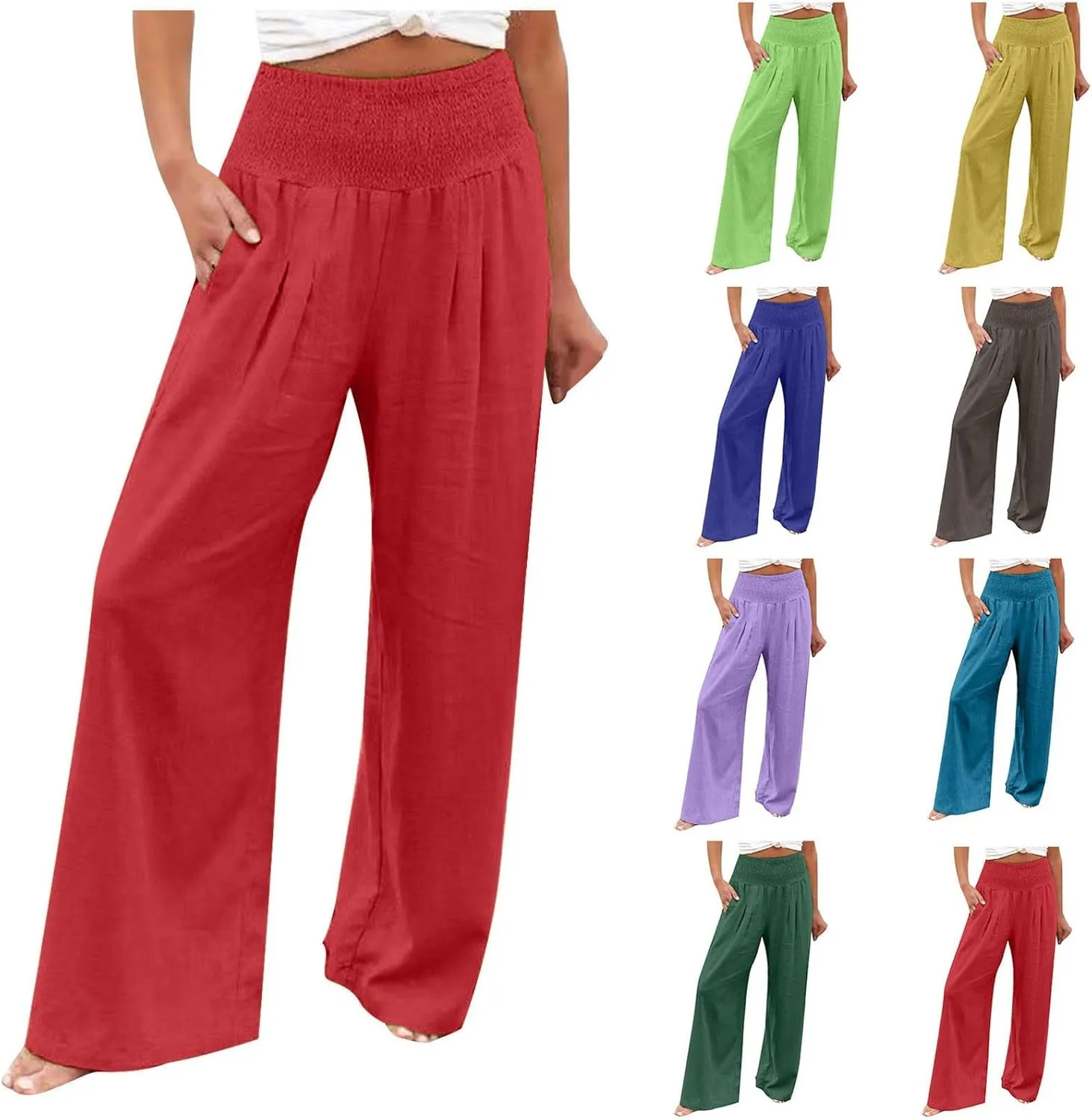 Women's Cotton Linen Pants Elastic High Waisted Pants Casual Wide Leg Trousers Summer Work Smocked Pants with Pockets