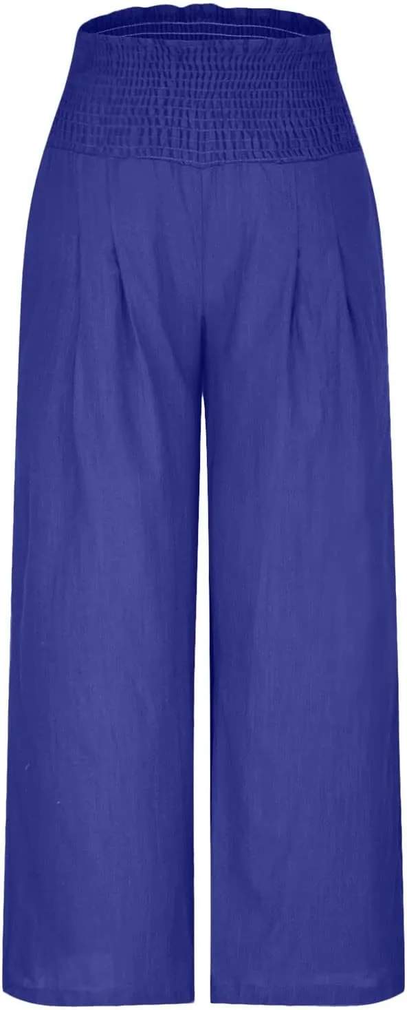 Women's Cotton Linen Pants Elastic High Waisted Pants Casual Wide Leg Trousers Summer Work Smocked Pants with Pockets