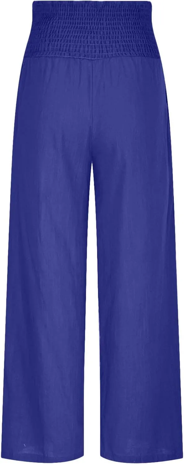 Women's Cotton Linen Pants Elastic High Waisted Pants Casual Wide Leg Trousers Summer Work Smocked Pants with Pockets