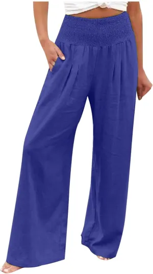 Women's Cotton Linen Pants Elastic High Waisted Pants Casual Wide Leg Trousers Summer Work Smocked Pants with Pockets