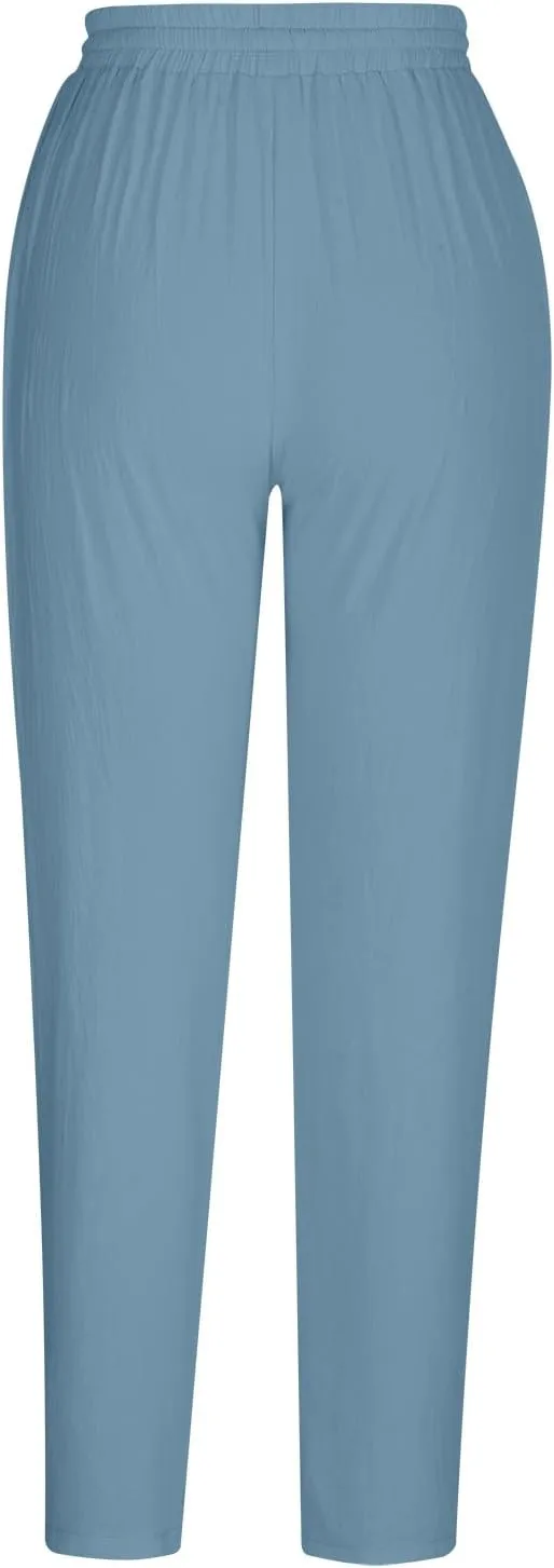 Women's Cotton Linen Tapered Pants Fashion Drawstring Elastic Waist Trousers Beach Casual Pant Vacation Travel Outfit