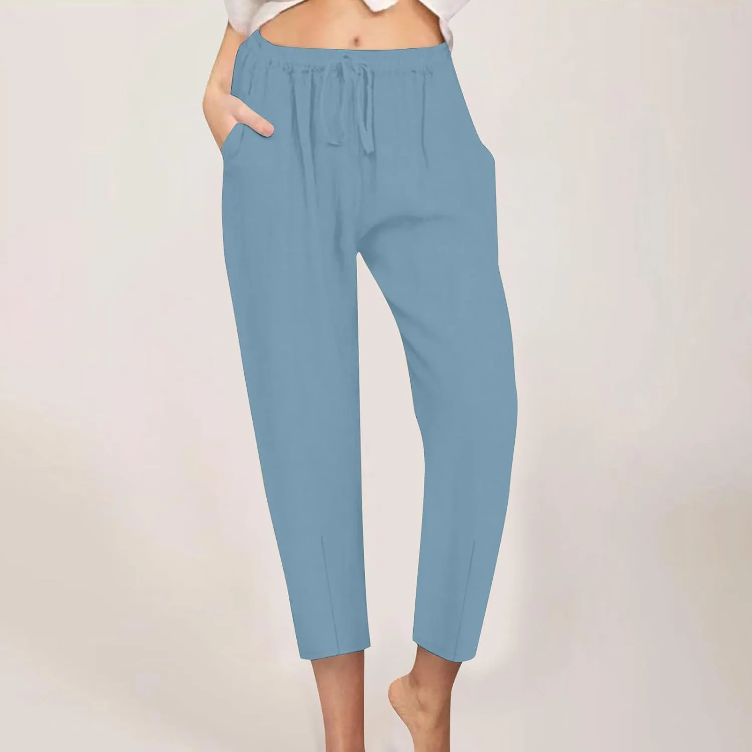 Women's Cotton Linen Tapered Pants Fashion Drawstring Elastic Waist Trousers Beach Casual Pant Vacation Travel Outfit