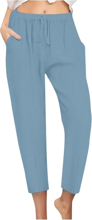 Women's Cotton Linen Tapered Pants Fashion Drawstring Elastic Waist Trousers Beach Casual Pant Vacation Travel Outfit