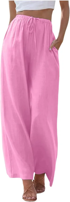 Womens Cotton Linen Wide Leg Pants Palazzo Flowy Pants Summer Elastic High Waist Beach Pants Comfy Pants with Pockets