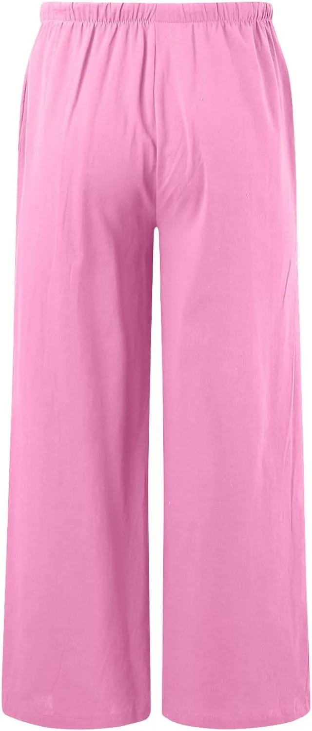 Womens Cotton Linen Wide Leg Pants Palazzo Flowy Pants Summer Elastic High Waist Beach Pants Comfy Pants with Pockets