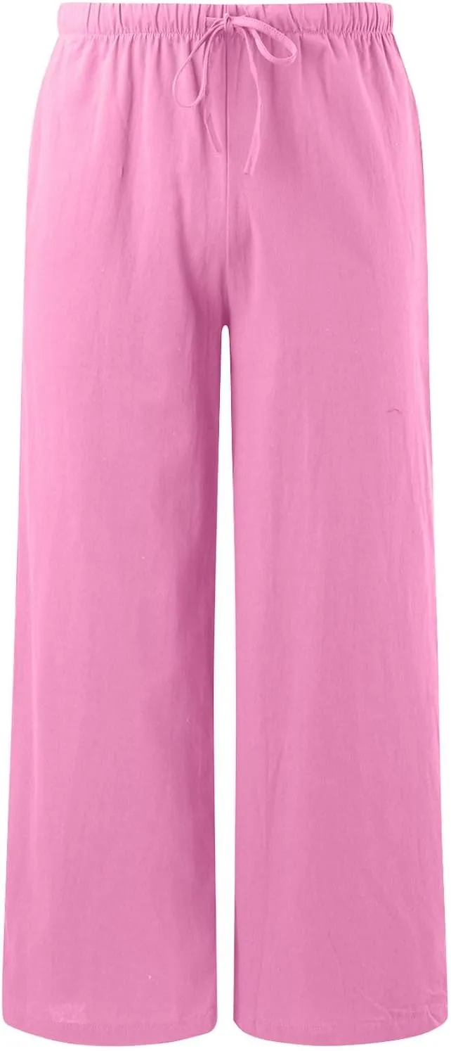 Womens Cotton Linen Wide Leg Pants Palazzo Flowy Pants Summer Elastic High Waist Beach Pants Comfy Pants with Pockets