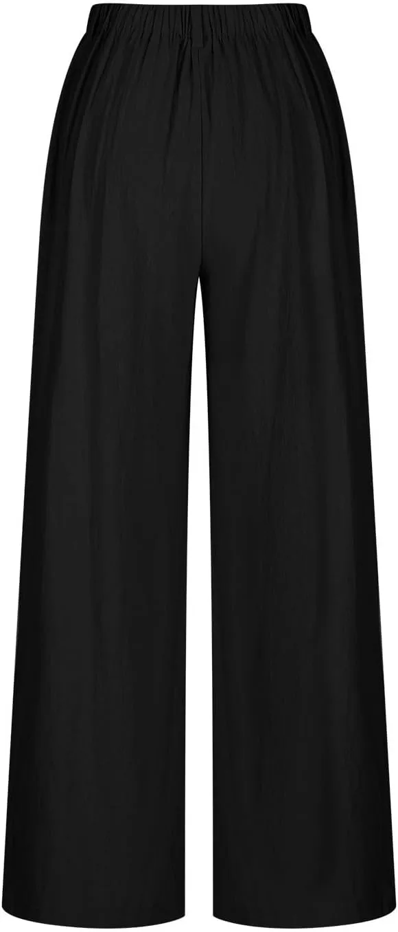 Womens Cotton Palazzo Pants Dressy Elastic High Waist Casual Pant Comfy Loose Solid Wide Leg Trousers with Pockets