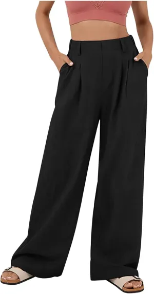 Womens Cotton Palazzo Pants Dressy Elastic High Waist Casual Pant Comfy Loose Solid Wide Leg Trousers with Pockets