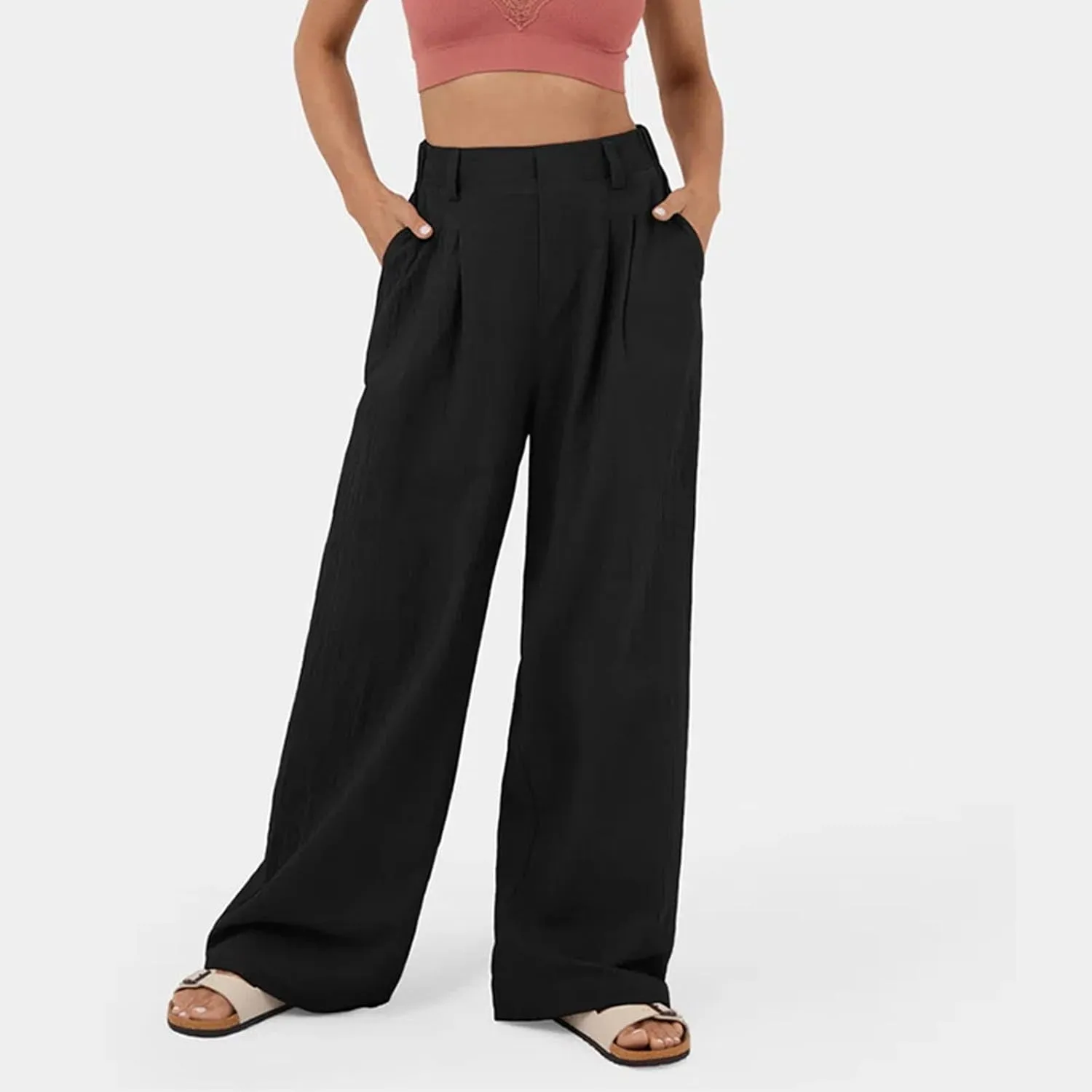 Womens Cotton Palazzo Pants Dressy Elastic High Waist Casual Pant Comfy Loose Solid Wide Leg Trousers with Pockets