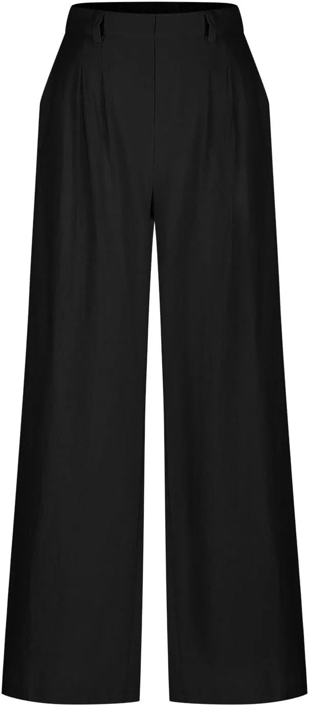 Womens Cotton Palazzo Pants Dressy Elastic High Waist Casual Pant Comfy Loose Solid Wide Leg Trousers with Pockets
