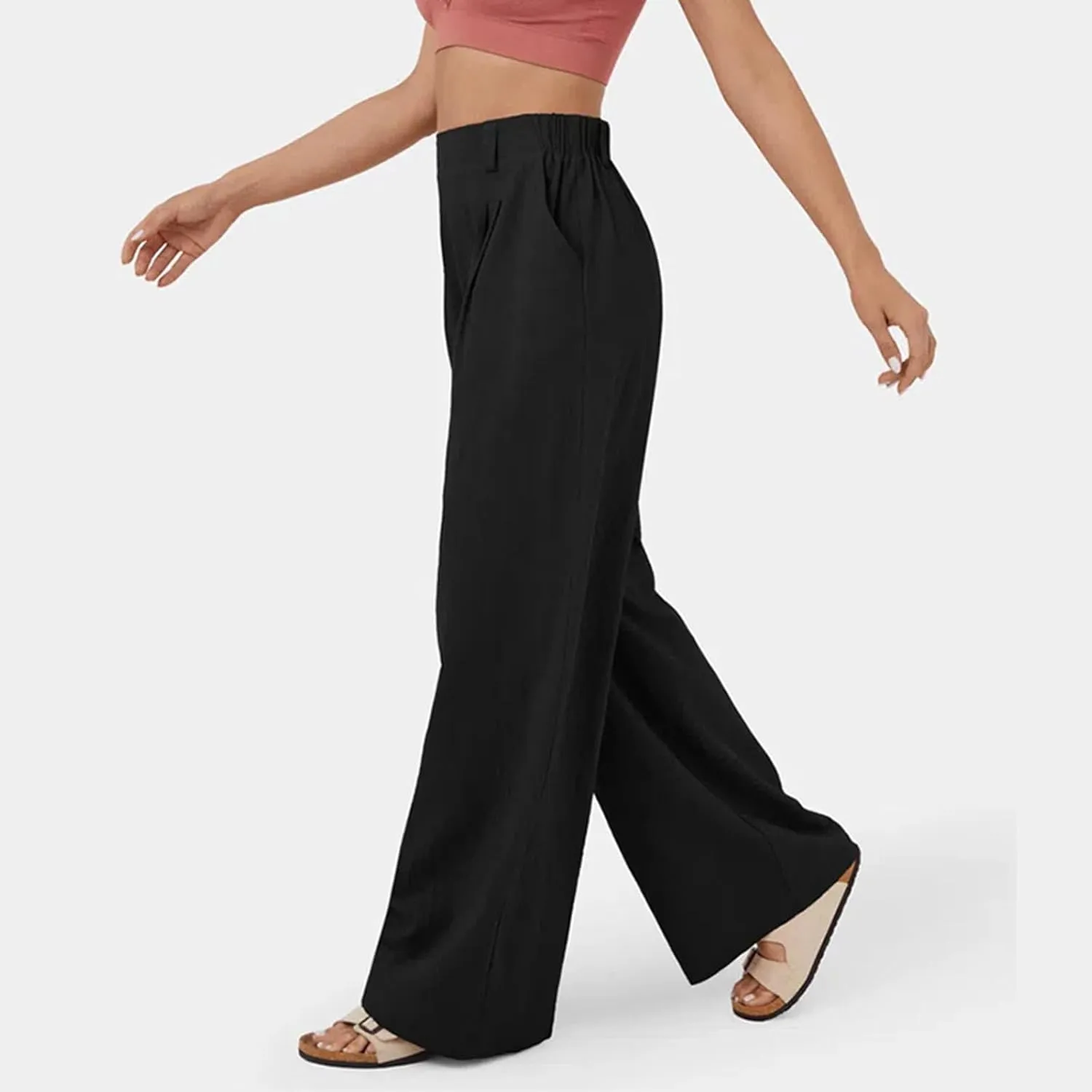 Womens Cotton Palazzo Pants Dressy Elastic High Waist Casual Pant Comfy Loose Solid Wide Leg Trousers with Pockets
