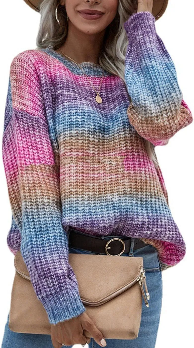 Women's Crew Neck Colorful Knitwear Long Sleeve Loose Tops Sweaters