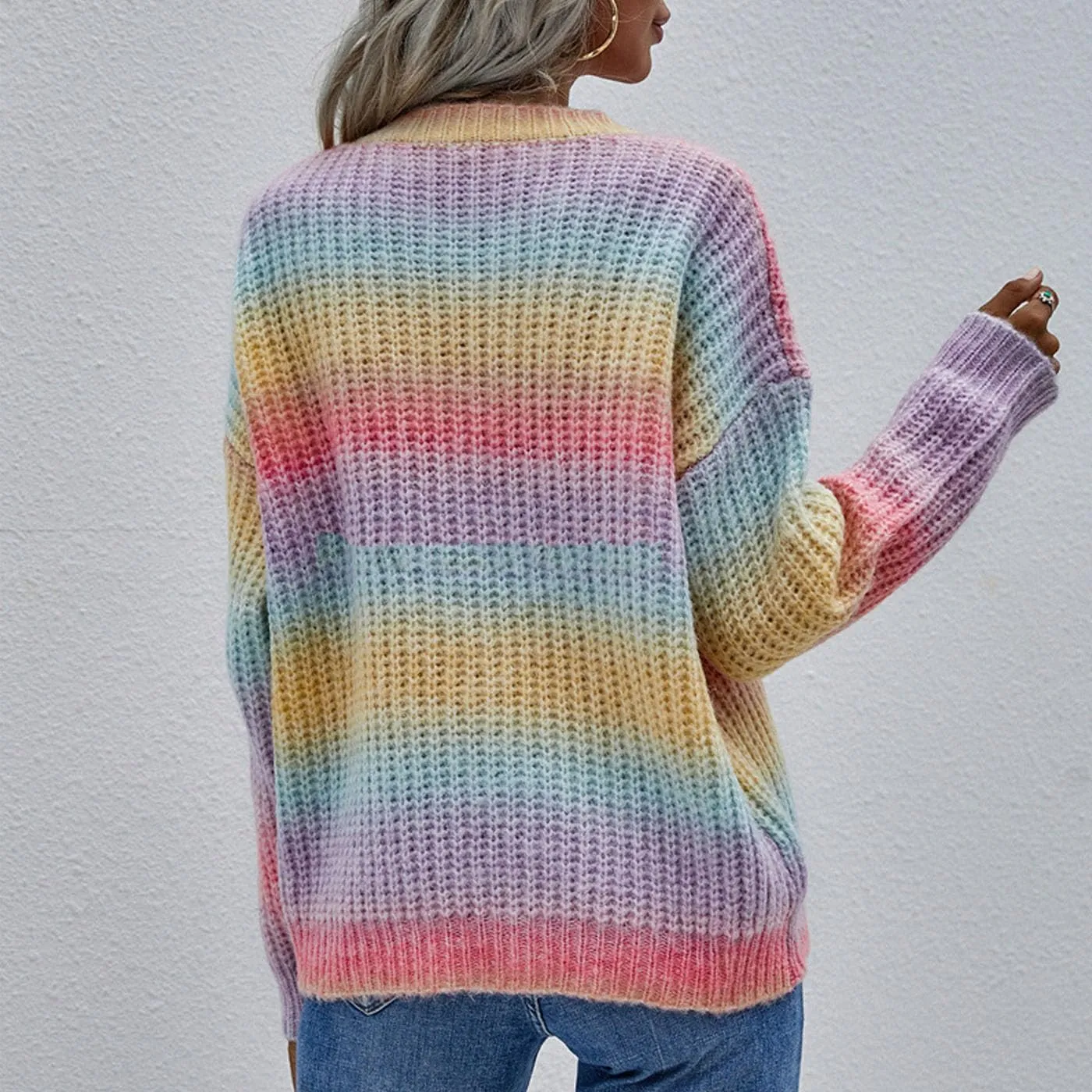 Women's Crew Neck Colorful Knitwear Long Sleeve Loose Tops Sweaters